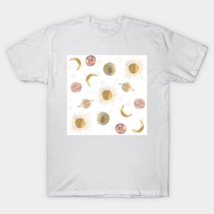 Gold Sun Moon Planets Space White illustration T-Shirt